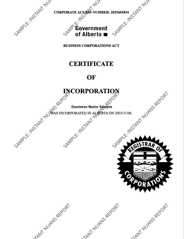 Sample Of Alberta Certificate Of Incorporation INSTANT NUANS REPORT